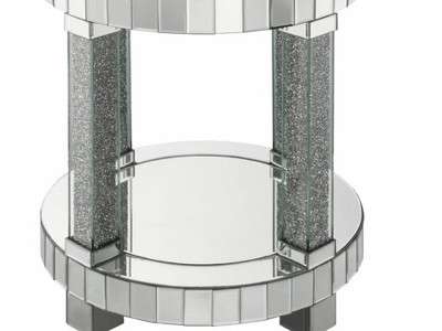 Round Mirrored Glass End Table with Faux Diamonds