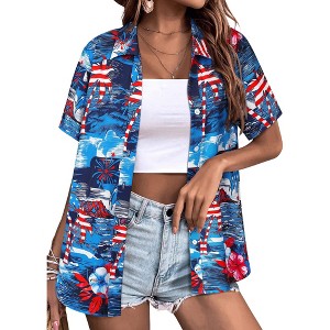 Nlife Women's Hawaiian Tropical Beach Blouses Floral Print Button Up Tee Shirts Summer Casual Tops - 1 of 4