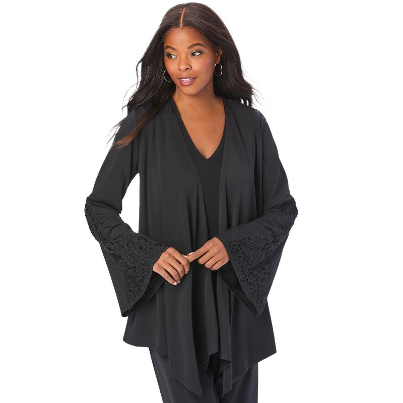Roaman's Women's Plus Size Lace-Trimmed Ultrasmooth® Fabric Cardigan, 1 of 2