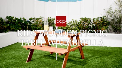 Golden Brown Fir Wood Kids Picnic Table with Aqua Umbrella