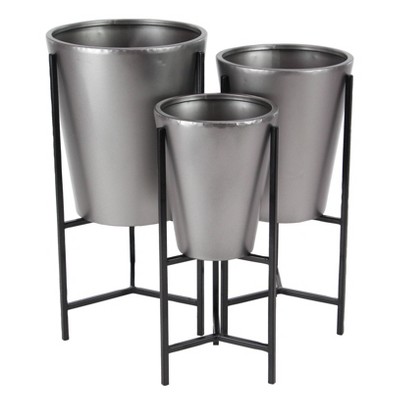 Set of 3 Contemporary Iron Cone Shaped Planters with Stand Black/Gray - Olivia & May