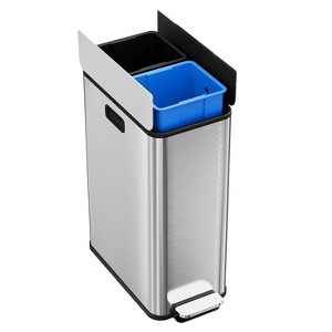 56L/14.8Gal Trash Can with Butterfly Lid,2 * 7.4Gal Dual Compartments Garbage Can with Wing Lid,Stainless Steel Trash Bin with Removable Buckets - 1 of 4