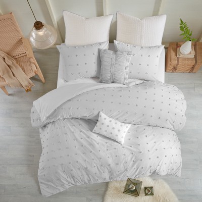 Gray Cotton Jacquard Twin Duvet Cover Set with Shams and Pillows