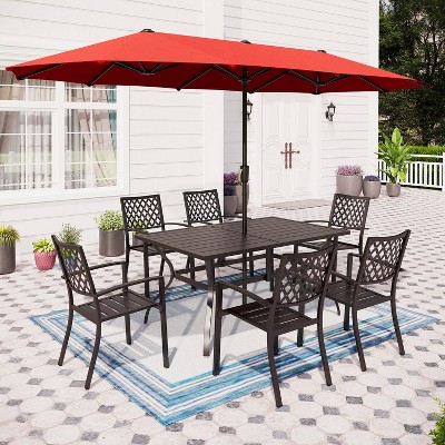 Captiva Designs 8pc Patio Slat-top Rectangle Steel Table & Metal Stackable Chairs & 13ft Large Umbrella