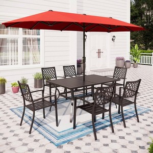 Captiva Designs 8pc Patio Slat-top Rectangle Steel Table & Metal Stackable Chairs & 13ft Large Umbrella - 1 of 4