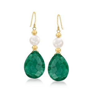 Ross-Simons Cultured Pearl and 20.00 ct. t.w. Emerald Drop Earrings in 14kt Yellow Gold - 1 of 3