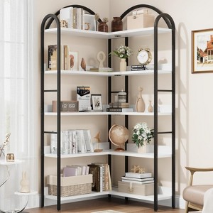 Corner Bookshelf, L Shaped Bookshelf Arched 5 Tier Corner Shelf with Metal Frame for Living Room Bedroom - 1 of 4