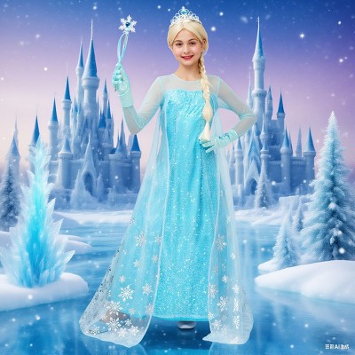 Joyfy Ice Princess Costume for Girls Halloween Costume– Sparkling Sequin Dress with Cape, Crown & Wand Set (Includes Wig & Gloves)