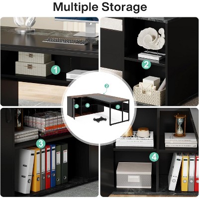 Black L-Shaped Executive Desk with Storage Cabinet and Shelves