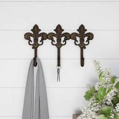 Decorative Hooks-3-Pronged Cast Iron Shabby Chic Rustic Fleur De Lis Wall Mount Hooks for Coats, Hats, Jewelry, and More by Hastings Home (Brown)