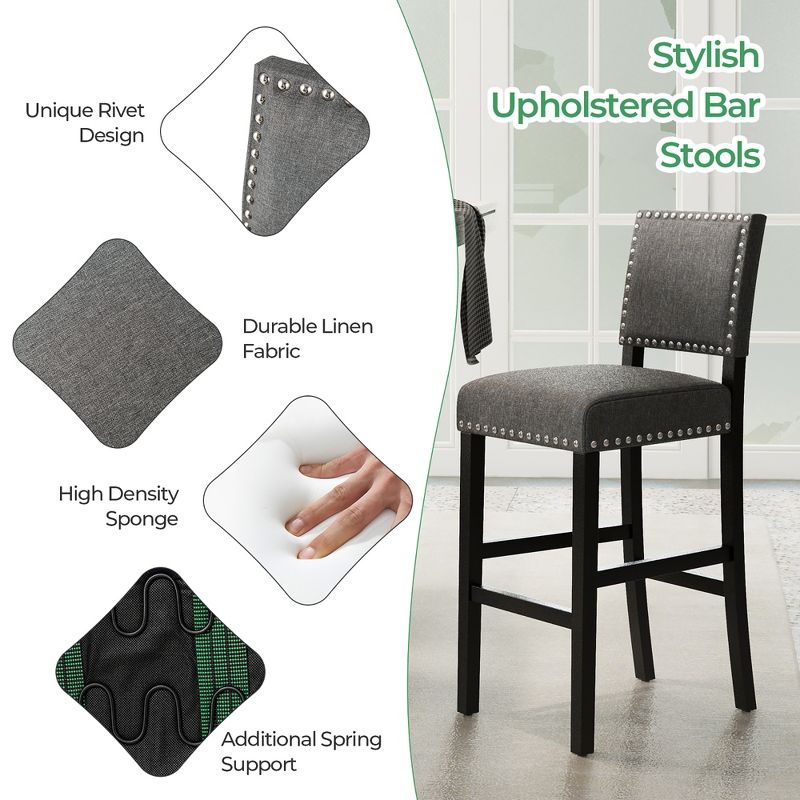 Tangkula Upholstered Bar Stool Set of 4 30" Bar Height Stools w/ Solid Rubber Wood Legs Gray, 5 of 11