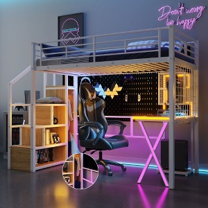 PAGED Full Size Loft Bed Simple Modern Wooden Bed Frame with Desk, Shelves, LED and Guardrail for Bedroom - 1 of 4