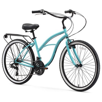 sixthreezero Women's Around the Block 17 Inch 1 Speed Beach Cruiser Bicycle with Rear Rack, 2 Inch Tires, and Dual Spring Saddle Seat, Teal Blue
