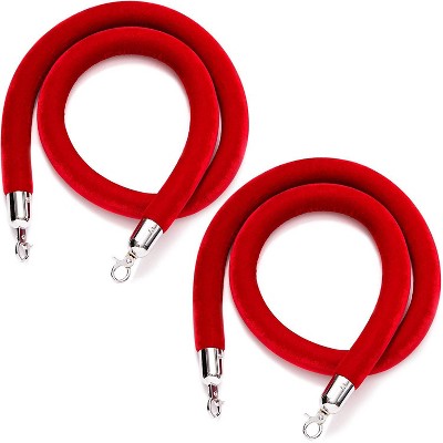 Juvale 2 Pack Red Velvet Stanchion Rope Crowd Control Barrier with Silver Chrome Plated Hooks, 5 Feet