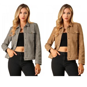 INSPIRE CHIC Women's Turn-Down Collar Flap Pockets Snap Button Faux Suede Jacket 2 Packs - 1 of 4