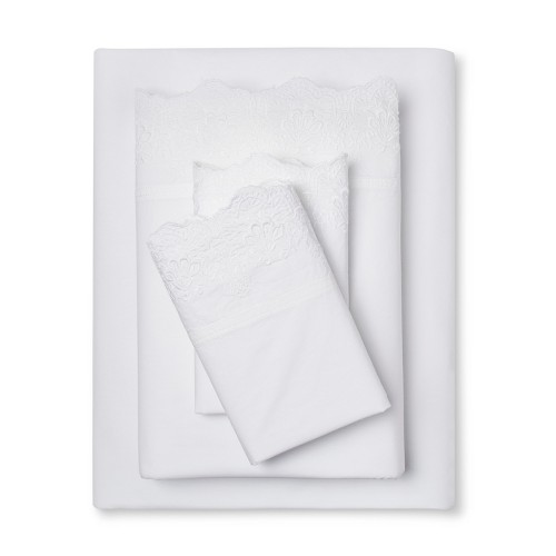 Embroidered Hem Solid Sheet Set (Full) White - Simply Shabby Chic