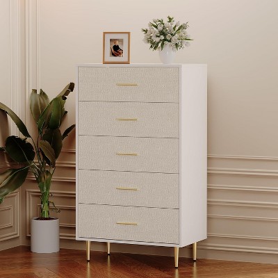 Garvee Modern White 5-Drawer Tall Narrow Dresser with Fabric-Textured Front, Gold Handles, Space Saving Chest,White
