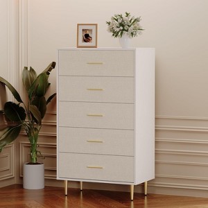 Garvee Modern White 5-Drawer Tall Narrow Dresser with Fabric-Textured Front, Gold Handles, Space Saving Chest,White - 1 of 4