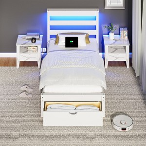 VINGLI LED Twin Bed Frame Set of 2 Solid Wood Platform Single Bed with Headboard USB Charging Station,Panel Bed, Wood Slat Support, White - 1 of 4