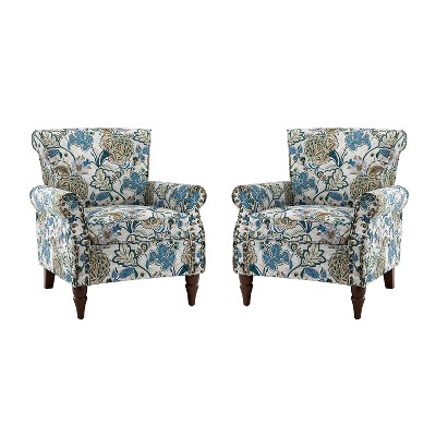 Set of 2 Araceli Traditional Wooden Upholstered Floral Armchair with Wingback and Nailhead Trim | ARTFUL LIVING DESIGN