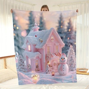 Lomsoe Pink Christmas Snowman Print Flannel Blanket - All Seasons Soft and Warm Throw Blanket for Napping, Camping, Travel, Office - 1 of 4