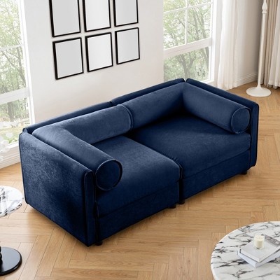 DOMETOUR Blue Chenille 2-Seater Sofa with Storage, Cylindrical Backrest & Armrests, Modern Fabric Loveseat