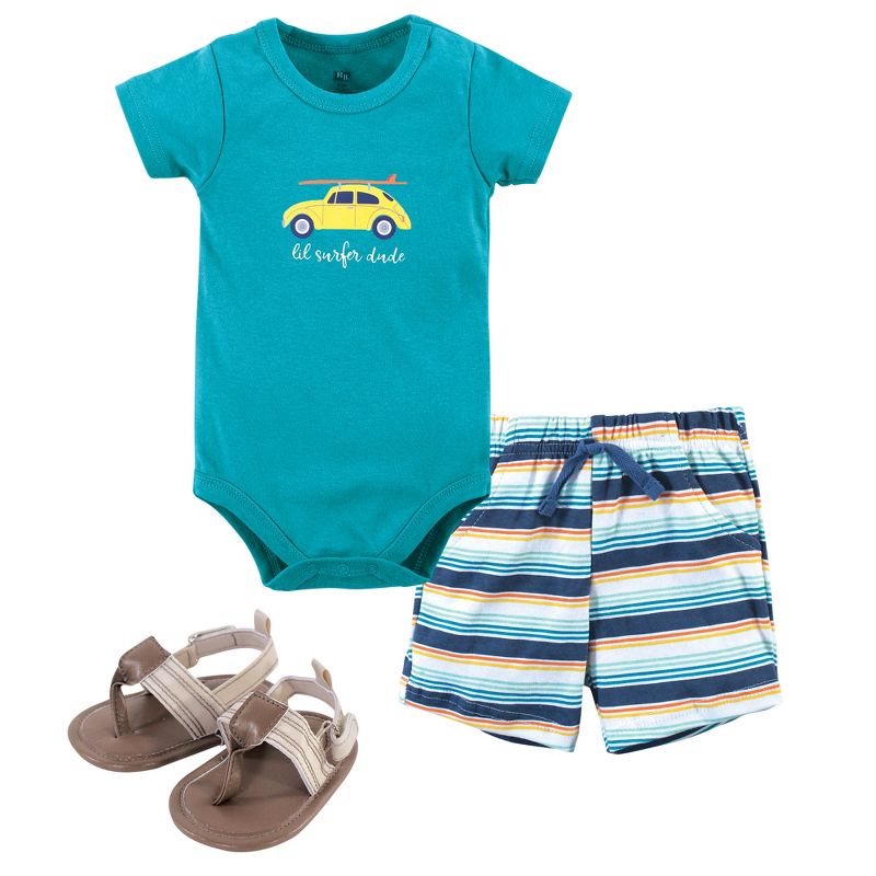 Hudson Baby Infant Boy Cotton Bodysuit, Shorts and Shoe 3pc Set, Surfer Dude, 1 of 7