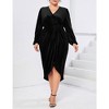 Women's Plus Size Velvet Dress V Neck Long Sleeve Bodycon Ruched Wrap Dress Casual Party Cocktail Dresses - 3 of 4