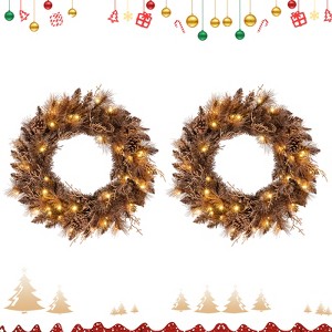 Costway Set of 2 24” Artificial Pre-Lit Christmas Wreath w/105 Branch Tips 35 LED Lights Auto Timer Pine Needles 6 Pine Cones & Twigs Holiday Brown - 1 of 4