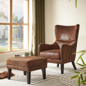 Vintage Accent Chair with Ottoman,Distressed Microfiber Tufted Lounge Chair with Nailhead Trim,Classic High Back Living Room Chair-Koiai - 1 of 4