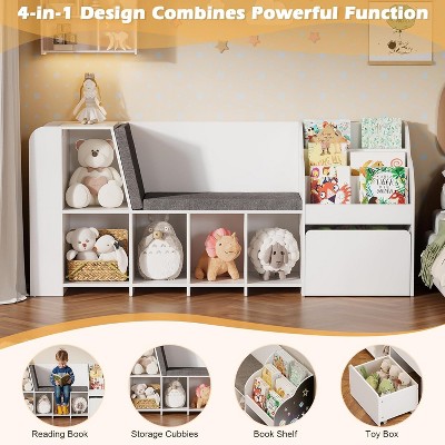 PAKASEPT 70.9” Kids Reading Nook with Cushioned Toy Storage Bench and Chalkboard, Bookshelf, Toy Organizer for Boys & Girls