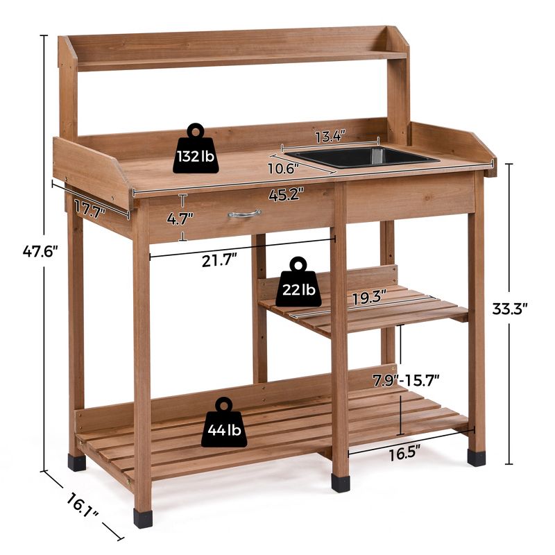 Yaheetech Solid Outdoor Wood Potting Bench Garden Work Bench Station w/Sink Drawer Rack Shelves, 3 of 9