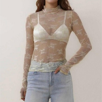 Women's Floral Lace Slim-Fit Top – Sheer Stretch Tee with Baby Overlock Edge Cherie Code Butter S
