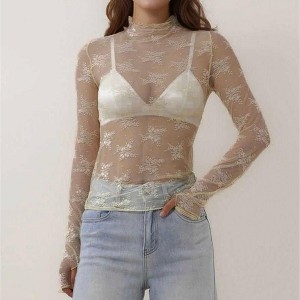Women’s Floral Lace Slim-Fit Top – Sheer Stretch Tee with Baby Overlock Edge, Versatile Cherie Code - 1 of 4