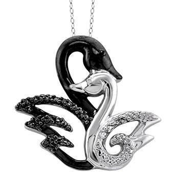 Women's Sterling Silver Accent Round-Cut Black and White Diamond Pave Set Swan Pendant - White (18")