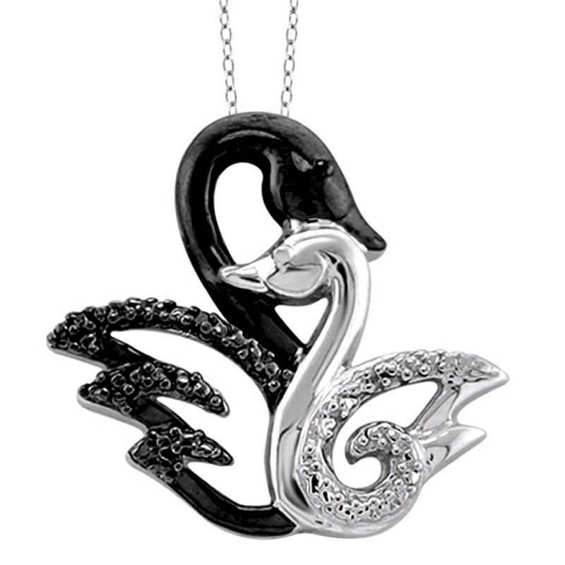 Women's Sterling Silver Accent Round-Cut Black and White Diamond Pave Set Swan Pendant - White (18"), 1 of 3