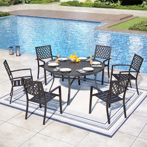 Captiva Designs 7pc Black Round Slatted Steel Table with Umbrella Hole& Metal Armrest Chairs - 1 of 4