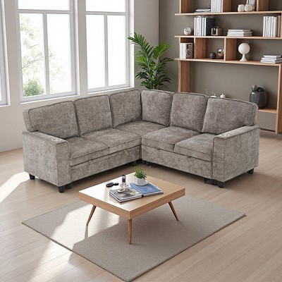 81" Chenille L-Shaped Sleeper Sectional Sofa with Bed & USB Ports