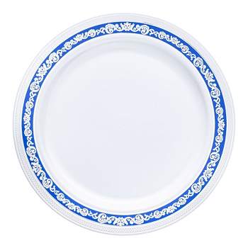 Smarty Had A Party White with Blue and Silver Royal Rim Plastic Dinner Plates (10.25") (120 Plates)