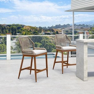 PURPLE LEAF Patio Sunbrella Bar Stools Set of 2 Handwoven Wicker Bar Height Stool Modern Aluminum Outdoor Wicker Barstools with Back and Cushion - 1 of 4