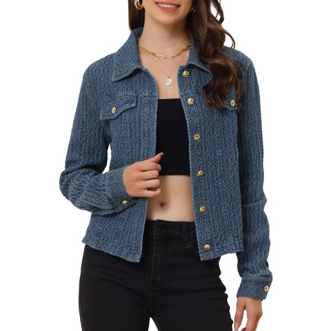 INSPIRE CHIC Women's Turndown Collar Button-Up Long Sleeves Texture Casual Jacket Small Dark Blue