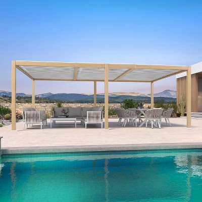 PURPLE LEAF Louvered Pergola Outdoor Aluminum Pergola with White Adjustable Rainproof Roof Wood Grain Frame Hardtop Gazebo for Patio Deck Garden