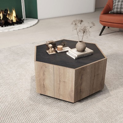 Coffee Table Hexagon,Farmhouse Style Side Table,Sofa Arm Table With 2 Drawers-Maison Boucle