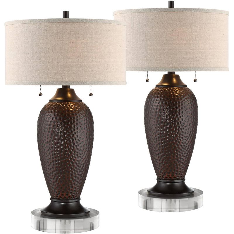 360 Lighting Cody Rustic Farmhouse Table Lamps Set of 2 with Round Risers 27 1/2" Tall Oiled Bronze Hammered Oatmeal Drum Shade for Bedroom House Home, 1 of 5