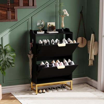 Modern Wave Shoe Cabinet - Slim Entryway Shoe Storage Organizer with 2 Flip Drawers, Fluted Texture Design, and Sturdy Metal Frame for Living Room
