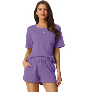 cheibear Women's Casual Pullover Short Sleeve Sleepshirt with Shorts Waffle Pajama Sets - 1 of 4