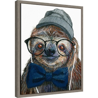 Framed Hipster Sloth Canvas Print with Gray Cap and Blue Bowtie