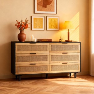 KTMBDW 6 Drawer Dresser for Bedroom, Modern Rattan Dresser, Bedroom Dressers with Drawers, 59" Large Double Wooden Chest of Drawers for Living Room - 1 of 4