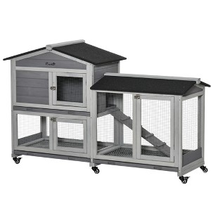 PawHut 62" Wooden Rabbit Hutch, Bunny Cage, Pet Playpen House with Wheels, Run Box, No Leak Tray, and Ramp, Small Animals, Indoor/Outdoor - 1 of 4