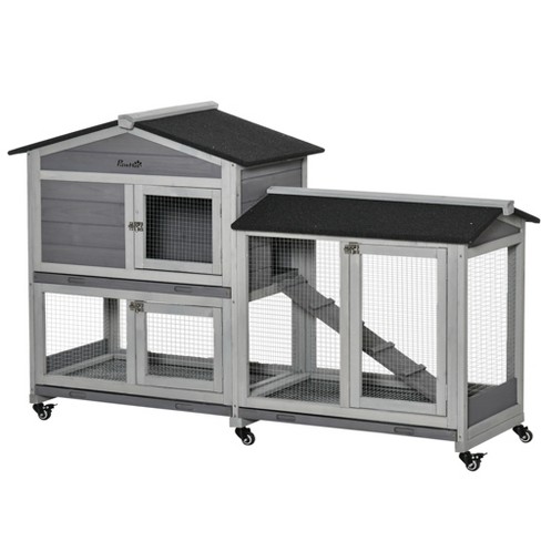 Pawhut 62 Wooden Rabbit Hutch Bunny Cage Pet Playpen House With Wheels Run Box No Leak Tray And Ramp Small Animals Indoor outdoor Light Gray Target